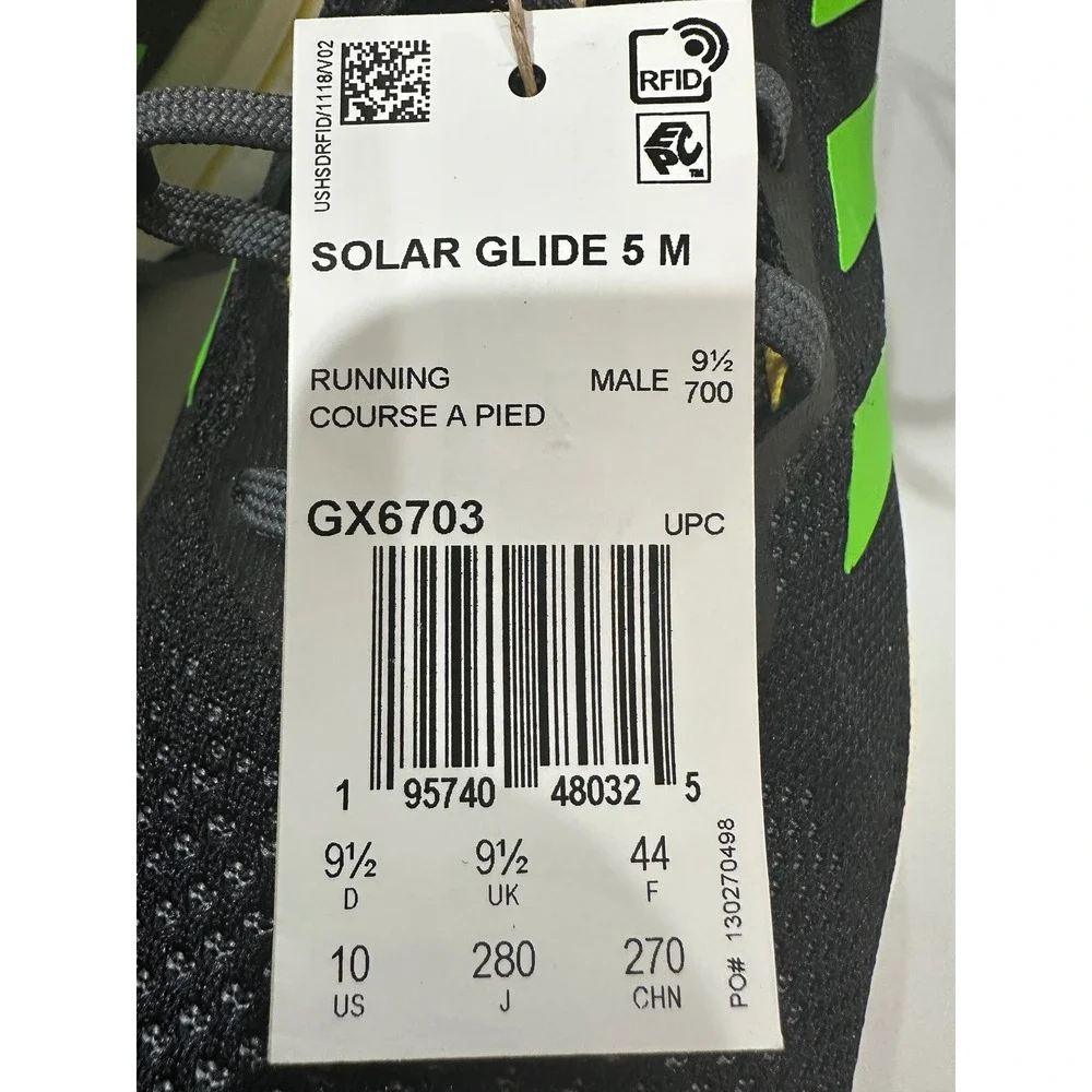Adidas SolarGlide 5 Mens Running Shoes Black Solar Green GX6703 Size 10